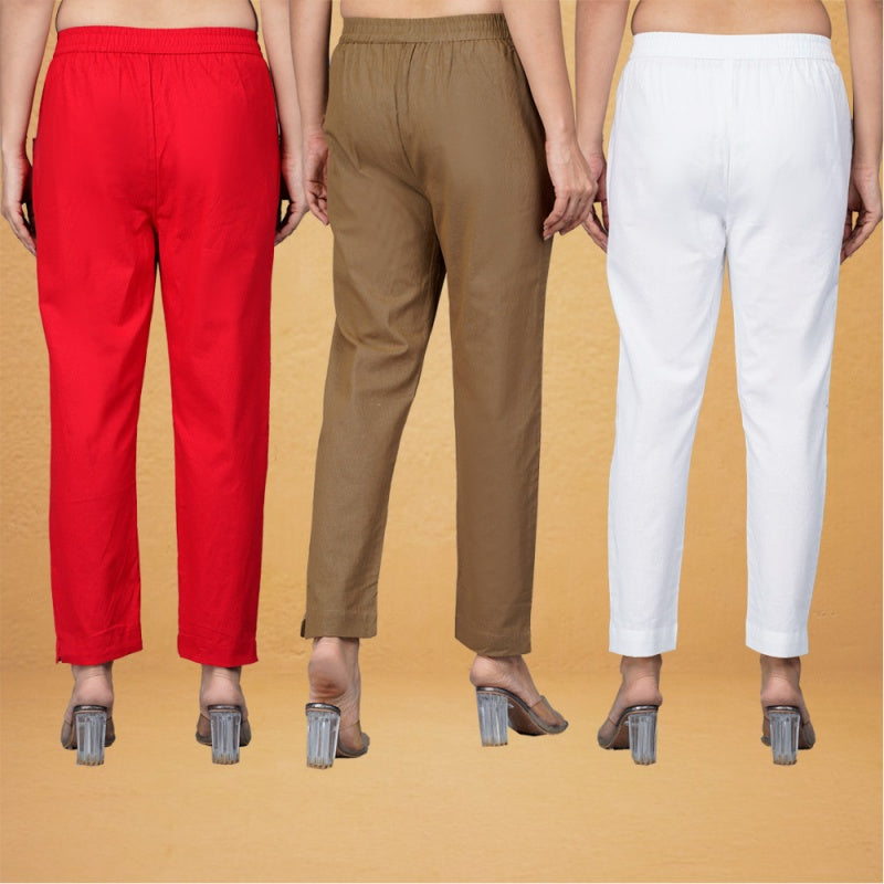 Combo of 3 Cotton Brown White and Red Women Regular Fit Solid Trousers-43424