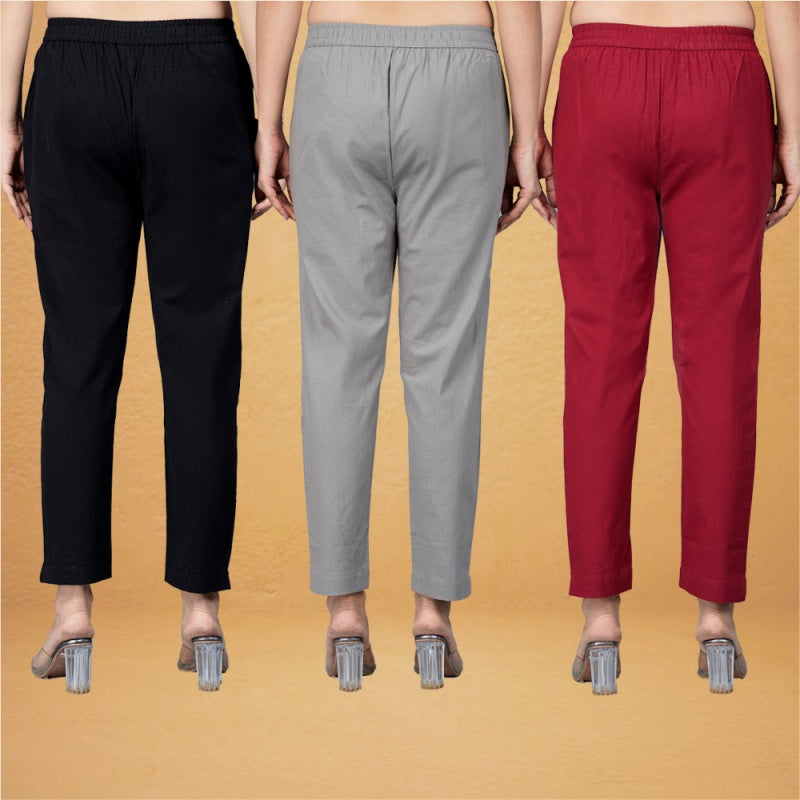 Combo of 3 Cotton Gray Red and Black Women Regular Fit Solid Trousers-43261