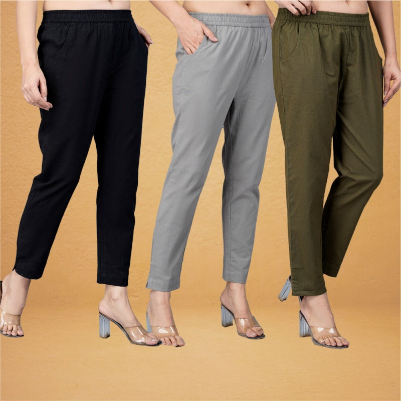 Combo of 3 Cotton Gray Mehndi Green and Black Women Regular Fit Solid Trousers-43235