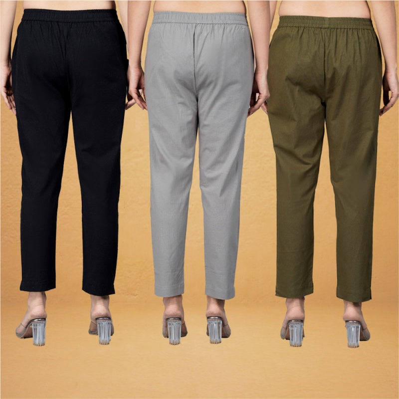 Combo of 3 Cotton Gray Mehndi Green and Black Women Regular Fit Solid Trousers-43235