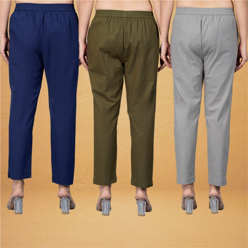 Combo of 3 Cotton Gray Mehndi Green and Navy Blue Women Regular Fit Solid Trousers-43280