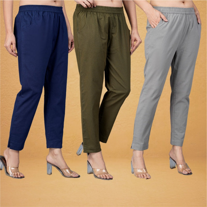 Combo of 3 Cotton Gray Mehndi Green and Navy Blue Women Regular Fit Solid Trousers-43280