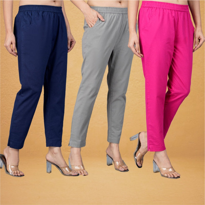 Combo of 3 Cotton Gray Pink and Navy Blue Women Regular Fit Solid Trousers-43310