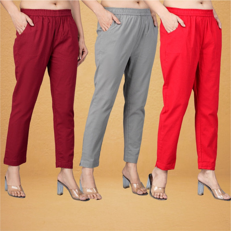 Combo of 3 Cotton Gray Red and Maroon Women Regular Fit Solid Trousers-43391