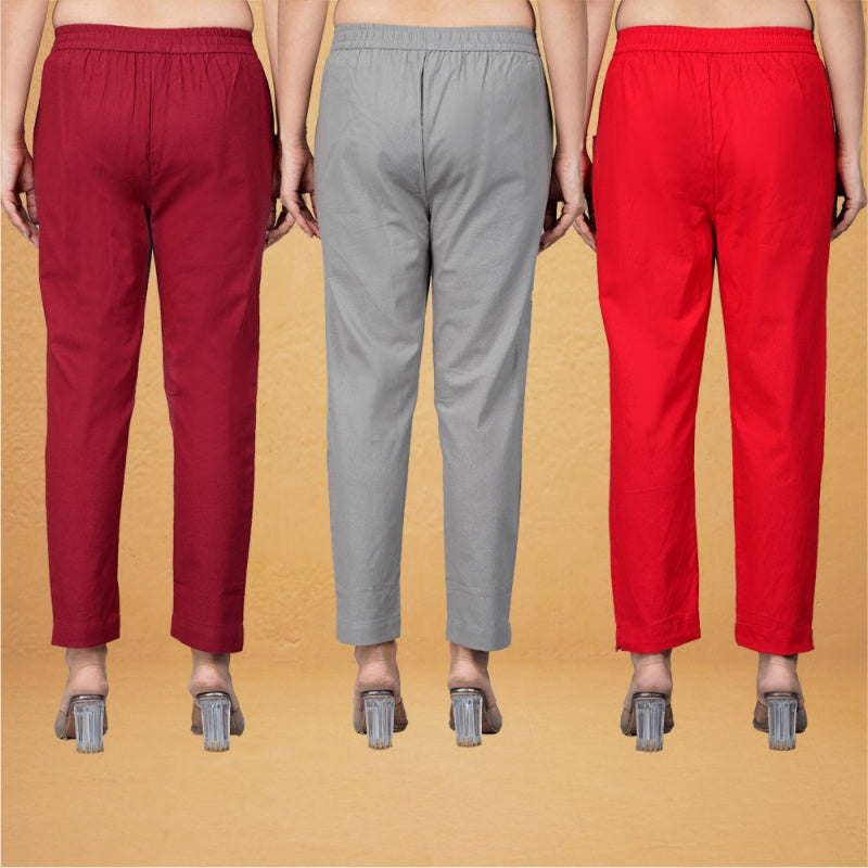 Combo of 3 Cotton Gray Red and Maroon Women Regular Fit Solid Trousers-43391