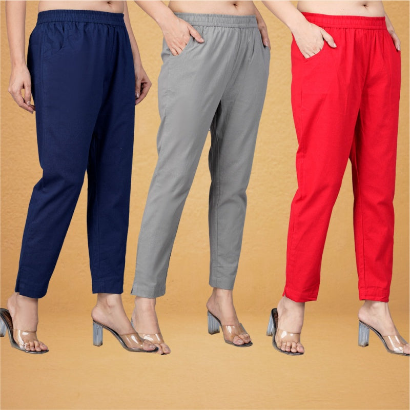 Combo of 3 Cotton Gray Red and Navy Blue Women Regular Fit Solid Trousers-43306