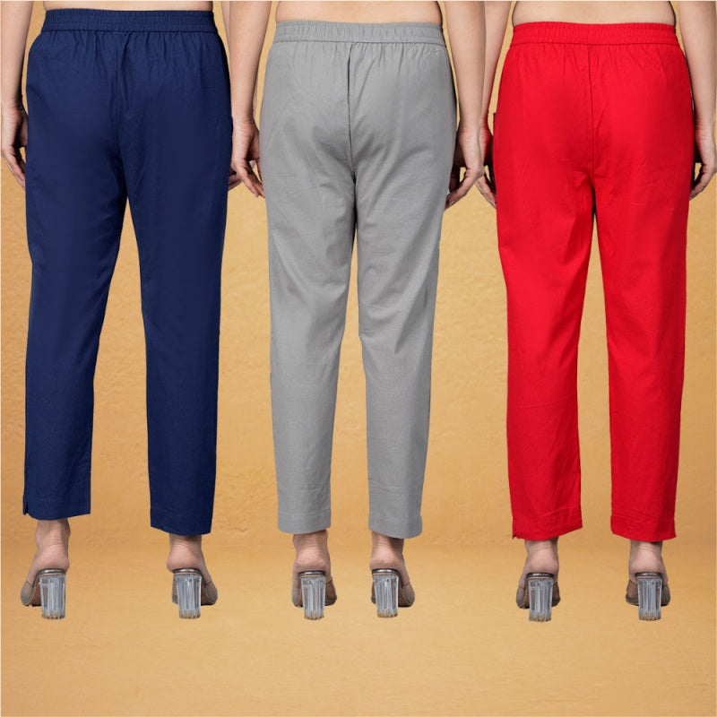 Combo of 3 Cotton Gray Red and Navy Blue Women Regular Fit Solid Trousers-43306
