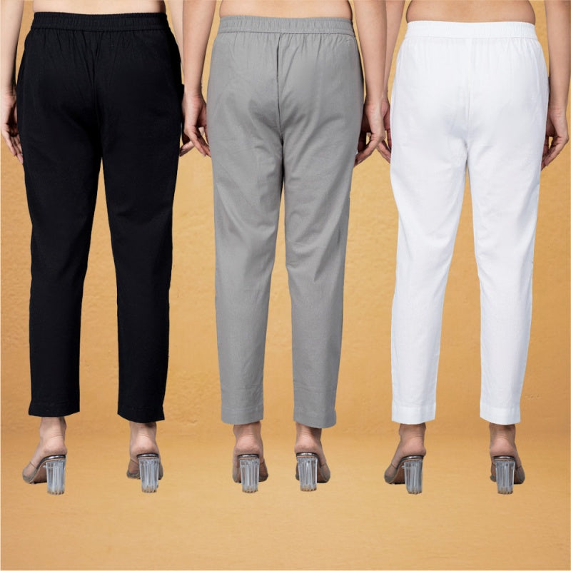 Combo of 3 Cotton Gray White and Black Women Regular Fit Solid Trousers-43268
