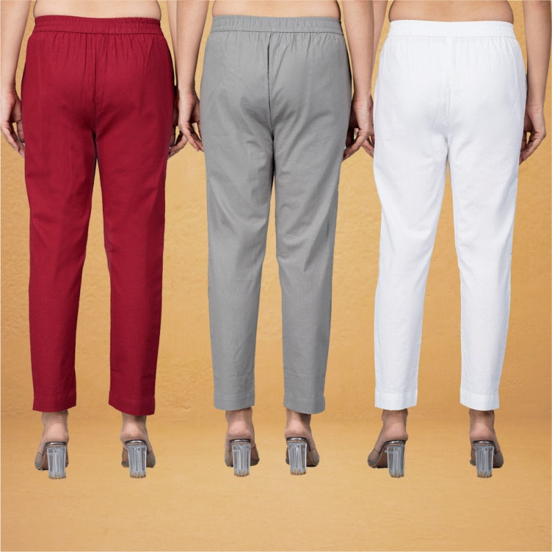 Combo of 3 Cotton Gray White and Maroon Women Regular Fit Solid Trouser-43398