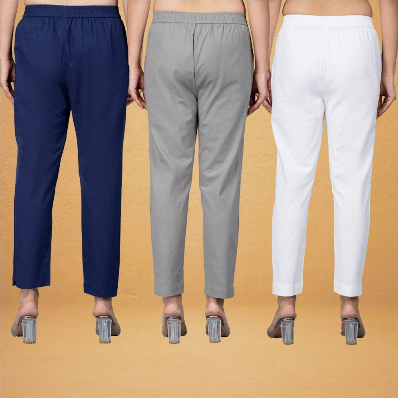 Combo of 3 Cotton Gray White and Navy Blue Women Regular Fit Solid Trousers-43313