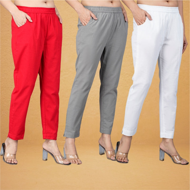 Combo of 3 Cotton Gray White and Red Women Regular Fit Solid Trousers-43423