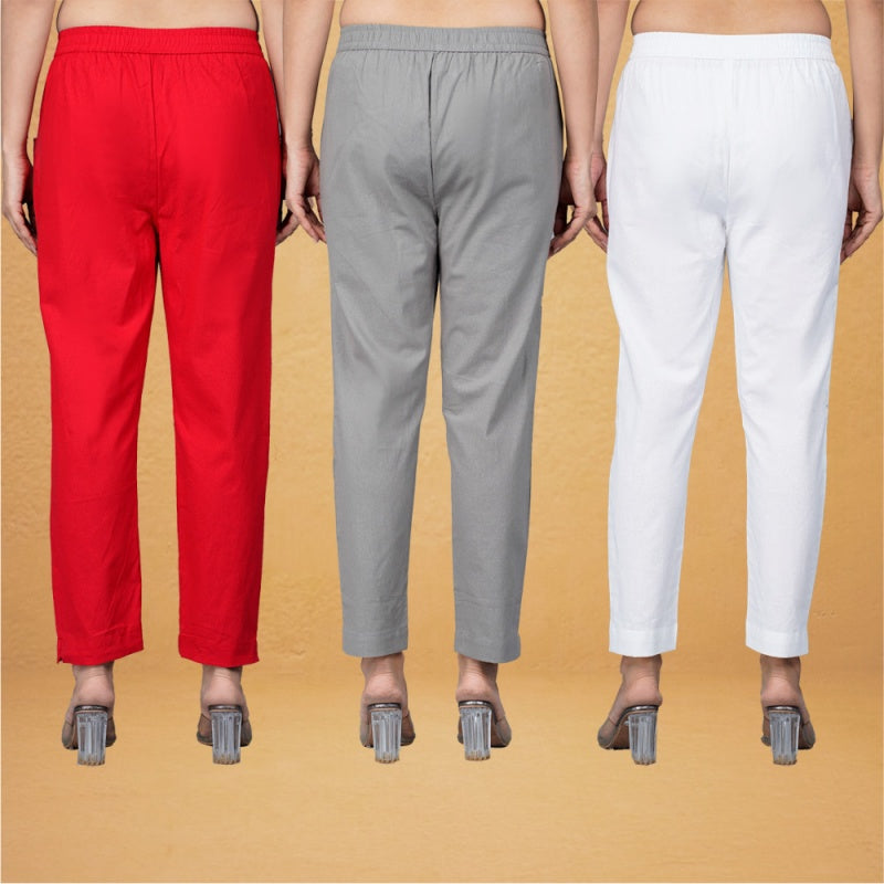 Combo of 3 Cotton Gray White and Red Women Regular Fit Solid Trousers-43423