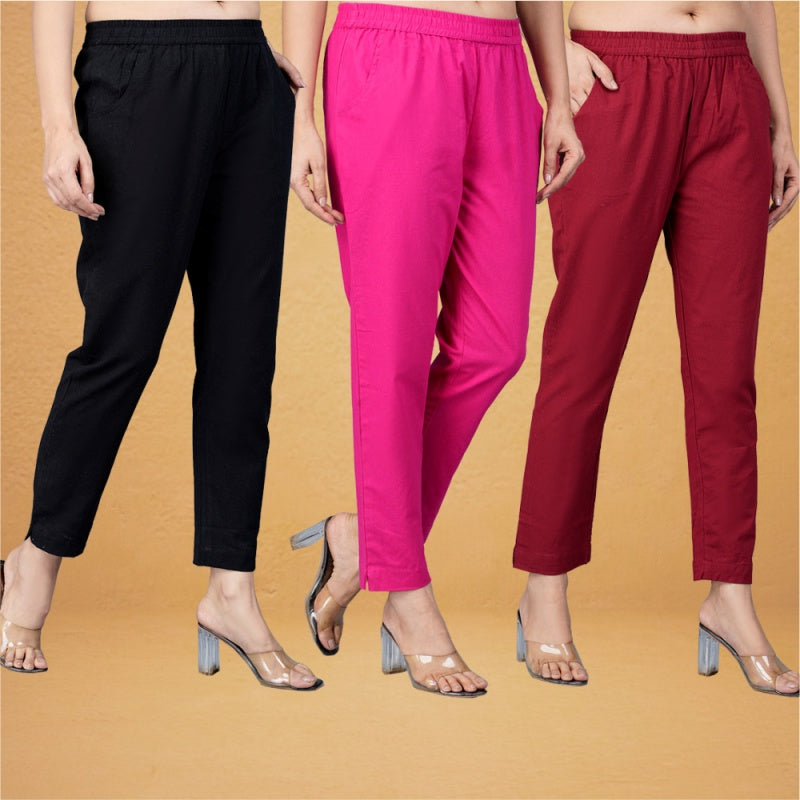 Combo of 3 Cotton Pink Maroon and Black Women Regular Fit Solid Trousers-43248
