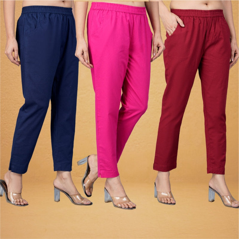 Combo of 3 Cotton Pink Maroon and Navy Blue Women Regular Fit Solid Trousers-43293