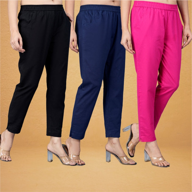 Combo of 3 Cotton Pink Navy Blue and Black Women Regular Fit Solid Trousers-43224