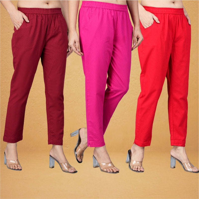 Combo of 3 Cotton Pink Red and Maroon Women Regular Fit Solid Trousers-43389
