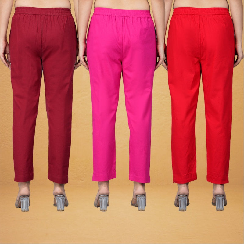 Combo of 3 Cotton Pink Red and Maroon Women Regular Fit Solid Trousers-43389