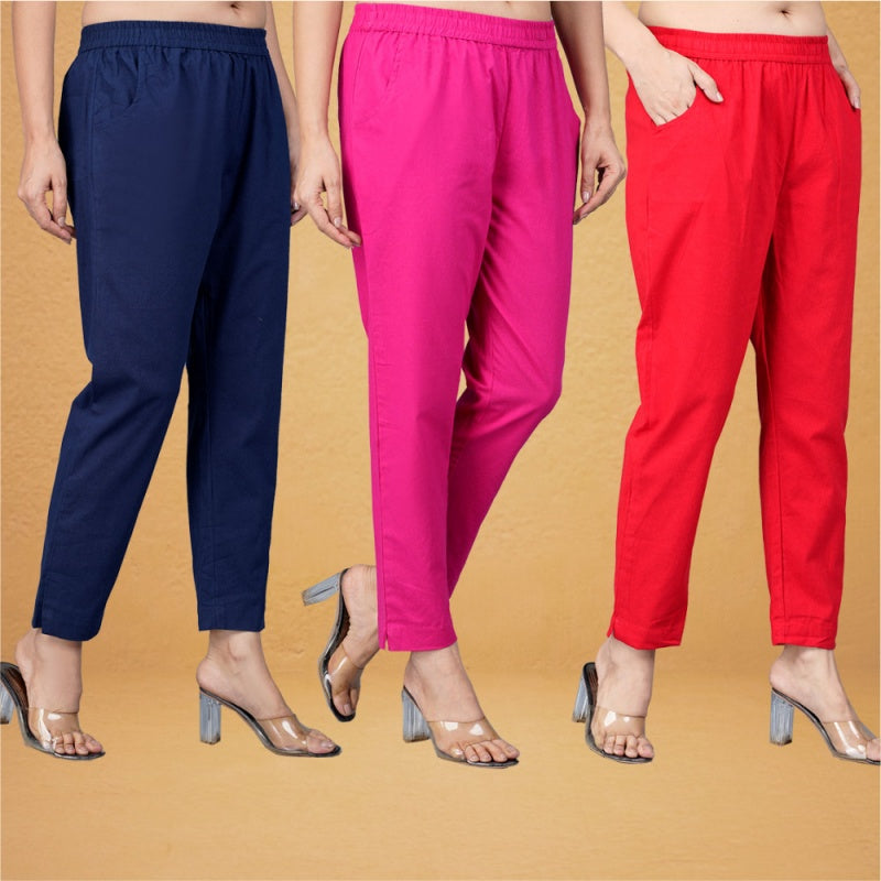 Combo of 3 Cotton Pink Red and Navy Blue Women Regular Fit Solid Trousers-43304
