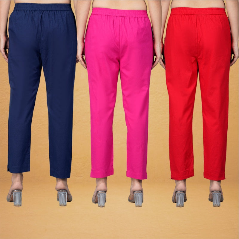 Combo of 3 Cotton Pink Red and Navy Blue Women Regular Fit Solid Trousers-43304