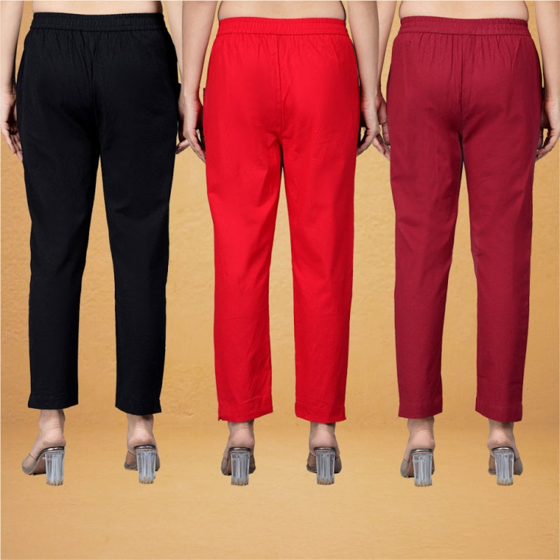 Combo of 3 Cotton Red Maroon and Black Women Regular Fit Solid Trousers-43247