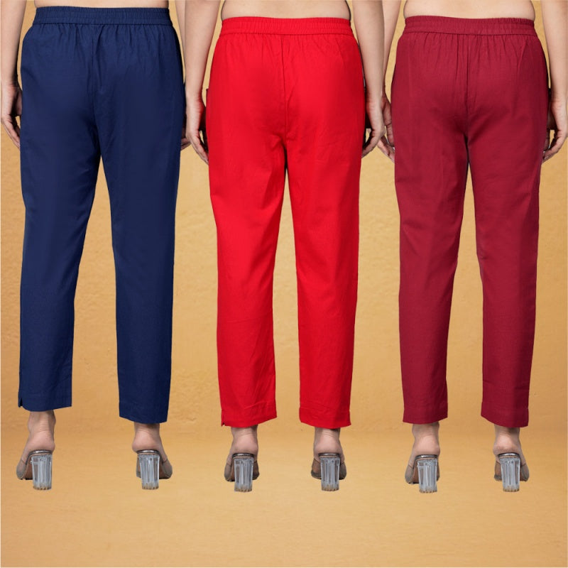 Combo of 3 Cotton Red Maroon and Navy Blue Women Regular Fit Solid Trousers-43292