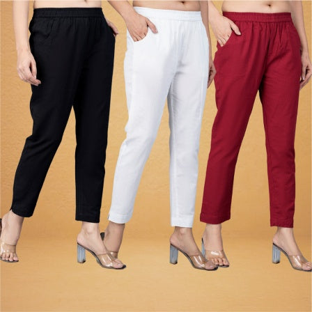 Combo of 3 Cotton White Maroon and Black Women Regular Fit Solid Trousers-43249