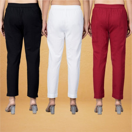Combo of 3 Cotton White Maroon and Black Women Regular Fit Solid Trousers-43249