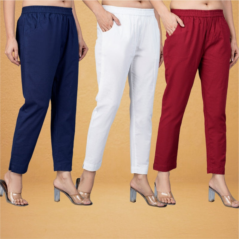 Combo of 3 Cotton White Maroon and Navy Blue Women Regular Fit Solid Trousers-43294