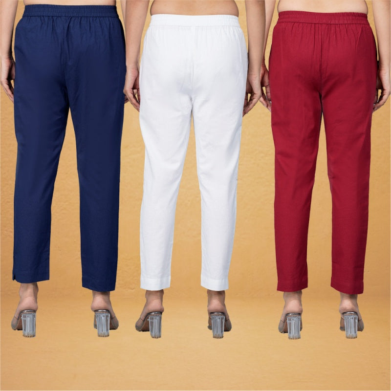 Combo of 3 Cotton White Maroon and Navy Blue Women Regular Fit Solid Trousers-43294