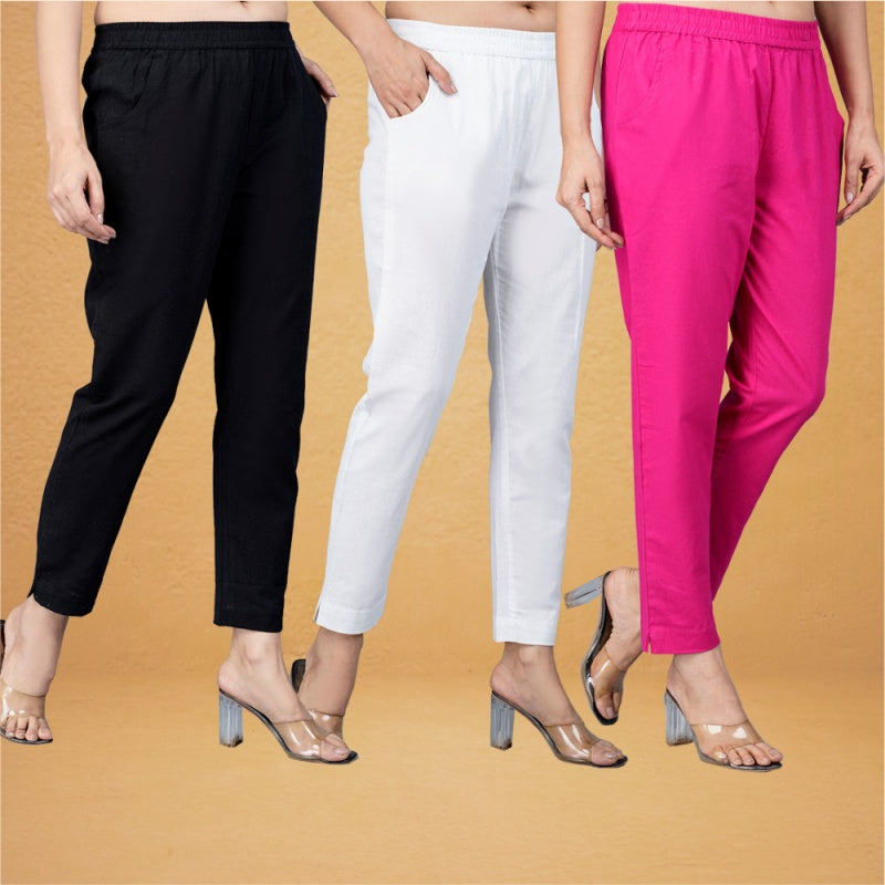 Combo of 3 Cotton White Pink and Black Women Regular Fit Solid Trousers-43264