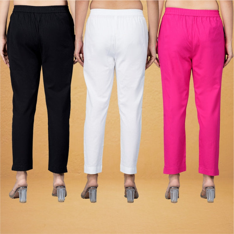 Combo of 3 Cotton White Pink and Black Women Regular Fit Solid Trousers-43264