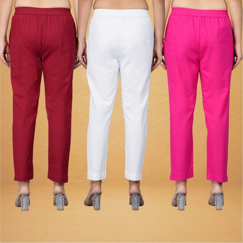 Combo of 3 Cotton White Pink and Maroon Women Regular Fit Solid Trousers-43394