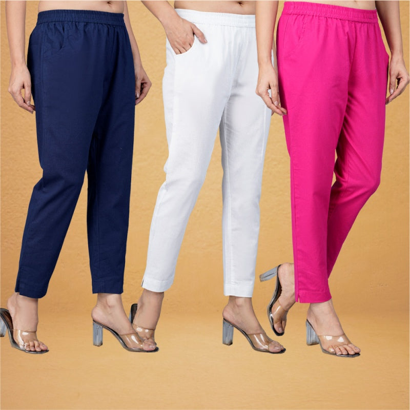 Combo of 3 Cotton White Pink and Navy Blue Women Regular Fit Solid Trousers-43309