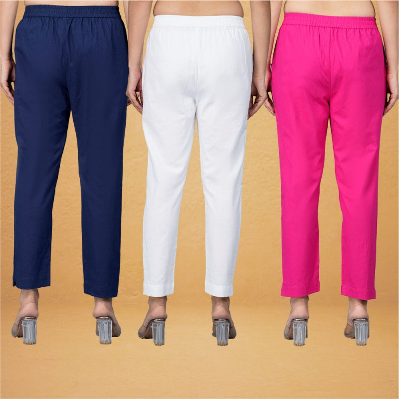 Combo of 3 Cotton White Pink and Navy Blue Women Regular Fit Solid Trousers-43309