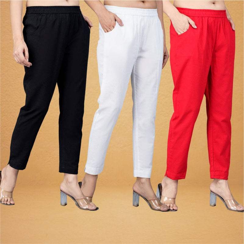 Combo of 3 Cotton White Red and Black Women Regular Fit Solid Trousers-43260