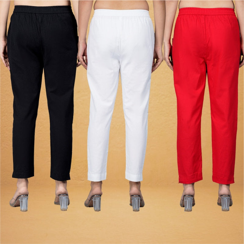 Combo of 3 Cotton White Red and Black Women Regular Fit Solid Trousers-43260