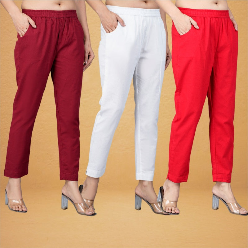 Combo of 3 Cotton White Red and Maroon Women Regular Fit Solid Trousers-43390