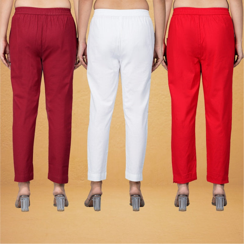 Combo of 3 Cotton White Red and Maroon Women Regular Fit Solid Trousers-43390