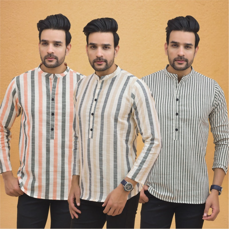 Combo of 3 Men Kurtas Stripe Cotton Handloom Beige Gray and Peach-25138