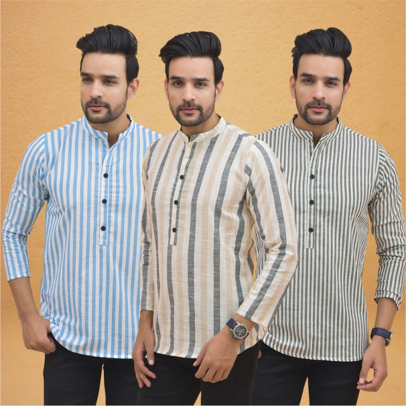 Combo of 3 Men Kurtas Stripe Cotton Handloom Beige Gray and Sky Blue-25102