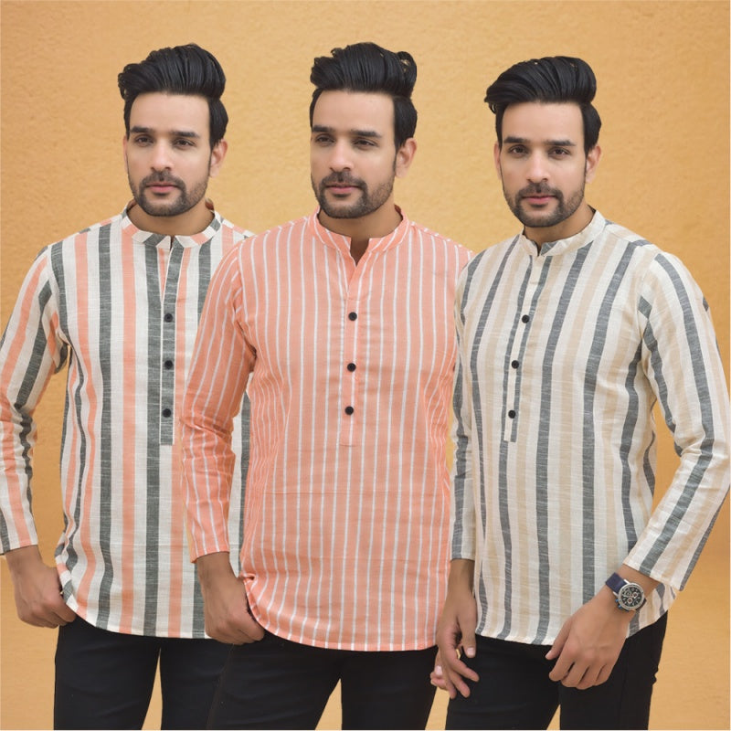 Combo of 3 Men Kurtas Stripe Cotton Handloom Beige Peach and Peach-25131