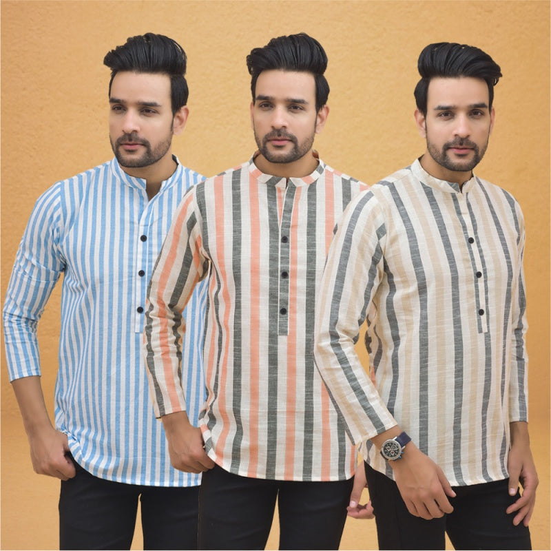 Combo of 3 Men Kurtas Stripe Cotton Handloom Beige Peach and Sky Blue-25087
