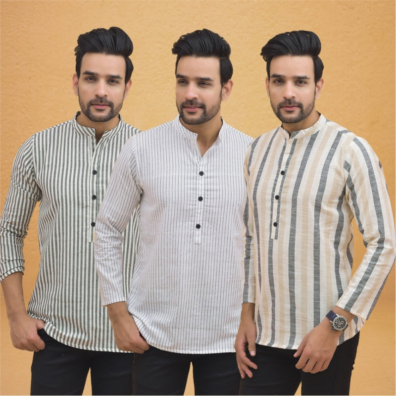 Combo of 3 Men Kurtas Stripe Cotton Handloom Beige White and Gray-25193