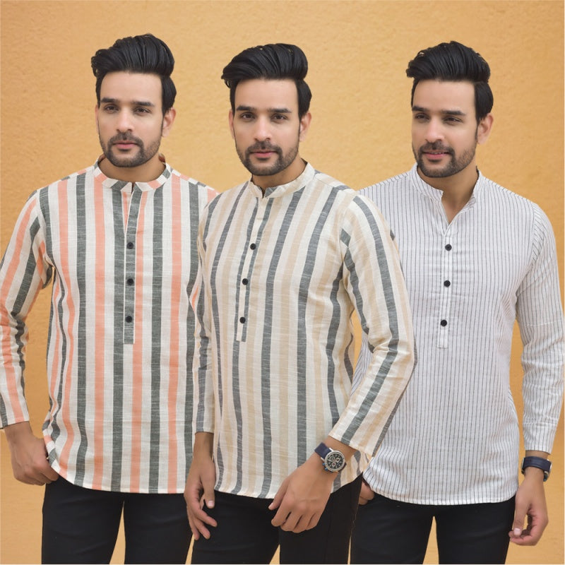 Combo of 3 Men Kurtas Stripe Cotton Handloom Beige White and Peach-25144