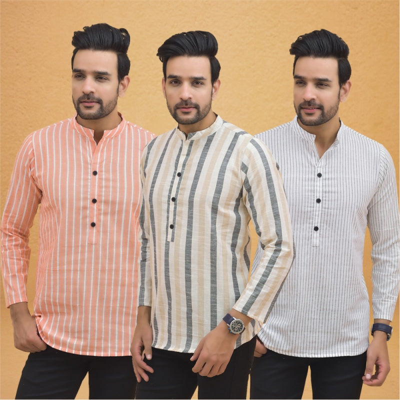 Combo of 3 Men Kurtas Stripe Cotton Handloom Beige White and Peach-25172