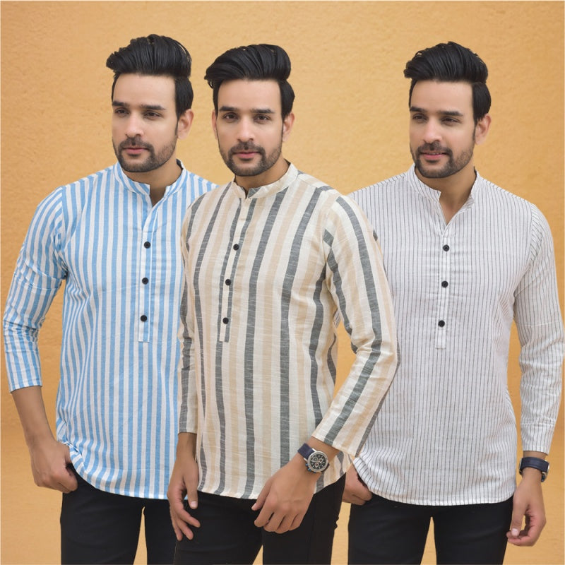 Combo of 3 Men Kurtas Stripe Cotton Handloom Beige White and Sky Blue-25108
