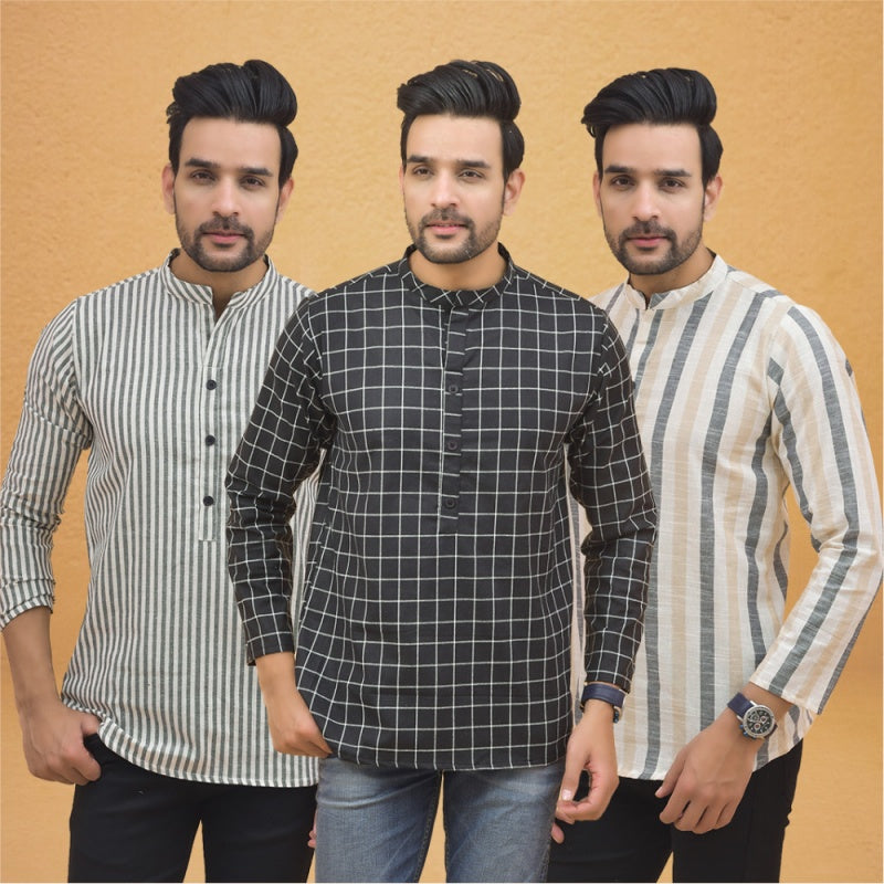 Combo of 3 Men Kurtas Stripe Cotton Handloom Black Beige and Gray-25202
