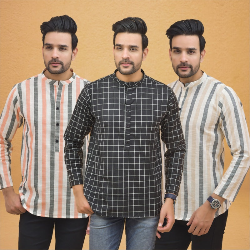 Combo of 3 Men Kurtas Stripe Cotton Handloom Black Beige and Peach-25153
