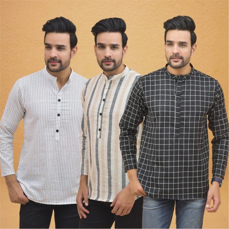 Combo of 3 Men Kurtas Stripe Cotton Handloom Black Beige and White-25217