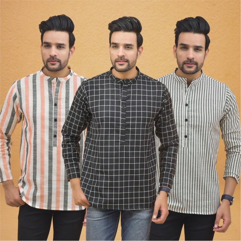 Combo of 3 Men Kurtas Stripe Cotton Handloom Black Gray and Peach-25142